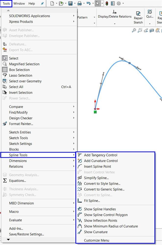 ابزارهای موجود جهت ویرایش Spline‌ها در نرم‌افزار Solidworks